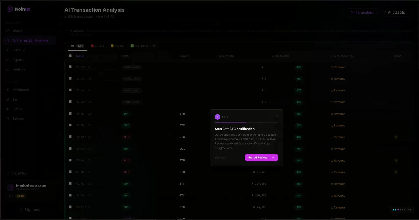 Kointel AI transaction analysis — a classified ledger with per-row confidence scores.