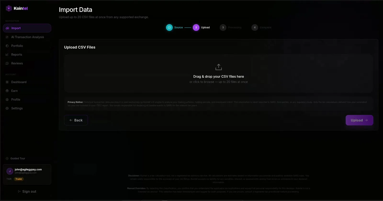 Kointel import screen — drag-and-drop CSV upload from multiple exchanges.