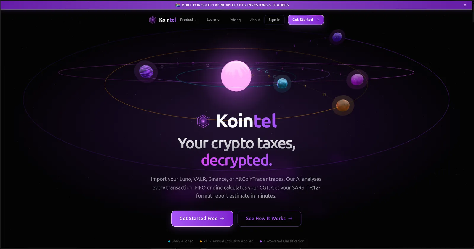 Kointel landing page — “Your crypto taxes, decrypted.” over an orbital solar-system animation.
